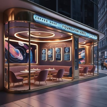 AI image by Kaleidoscope Living of a coffee shop based on the Foundation Series 