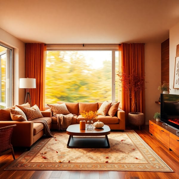 Warm autumn colors, long exposure photography, warm and vibrant living room, ubuntu theme, captures motion, graceful and elegant, refined features, earthy and cozy atmosphere