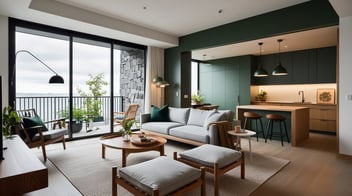 AI rendering of an open-plan apartment in the Japandi interior design style, combining the minimalist elegance of Japanese design with the warmth and functionality of Scandinavian aesthetics.
